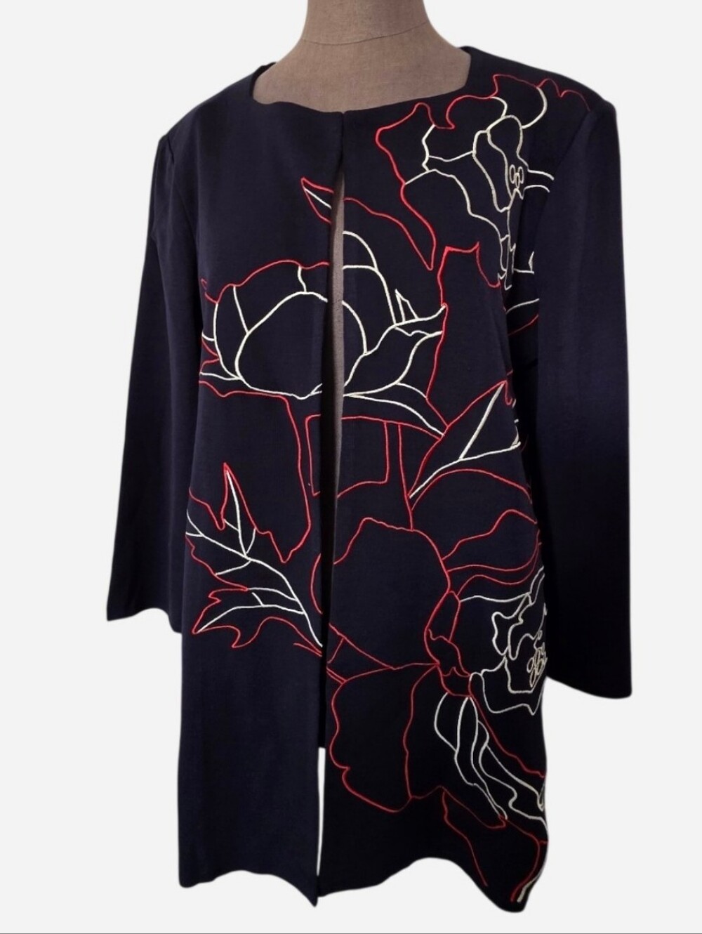 Misook Knit Cardigan Sweater Jacket Floral Embroidred Navy Open Front NWT Large